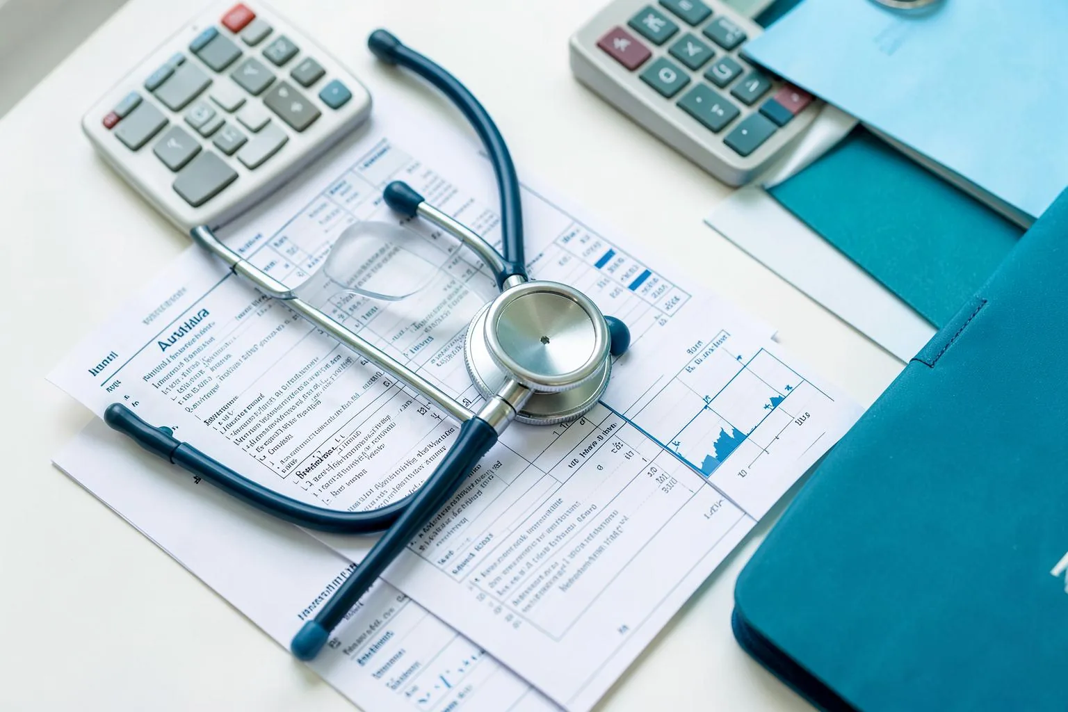 Stethoscope, calculator and medical financial records arranged for review