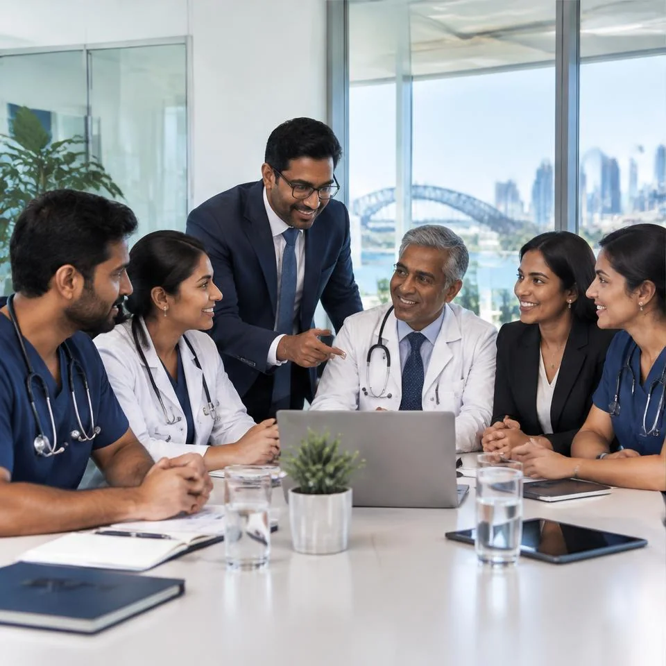 Doctors and specialist advisers collaborating around a practice boardroom table