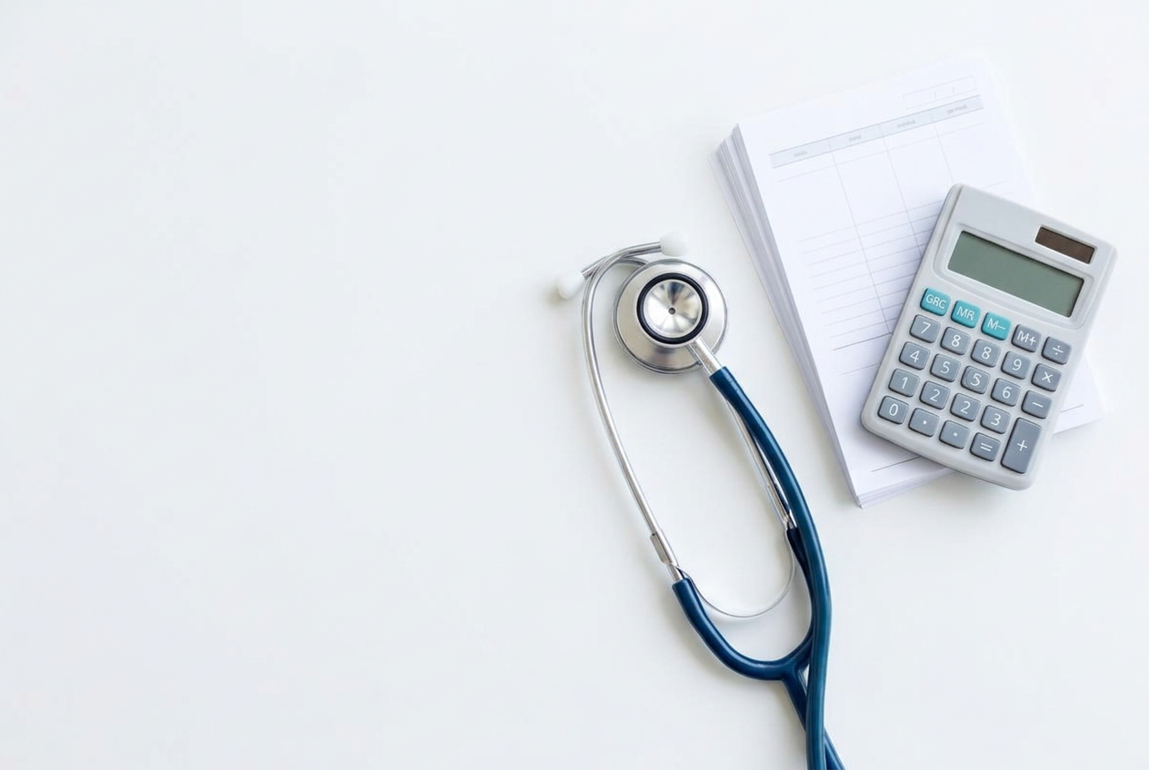 Medical finance reports, calculator and stethoscope arranged on a desk