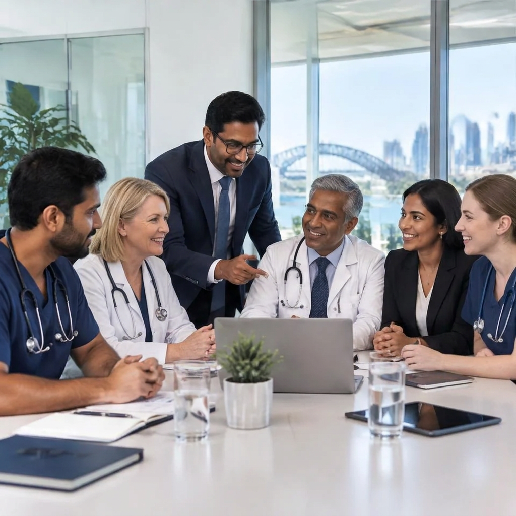 A diverse team of Australian and Indian medical professionals meeting in a Sydney office